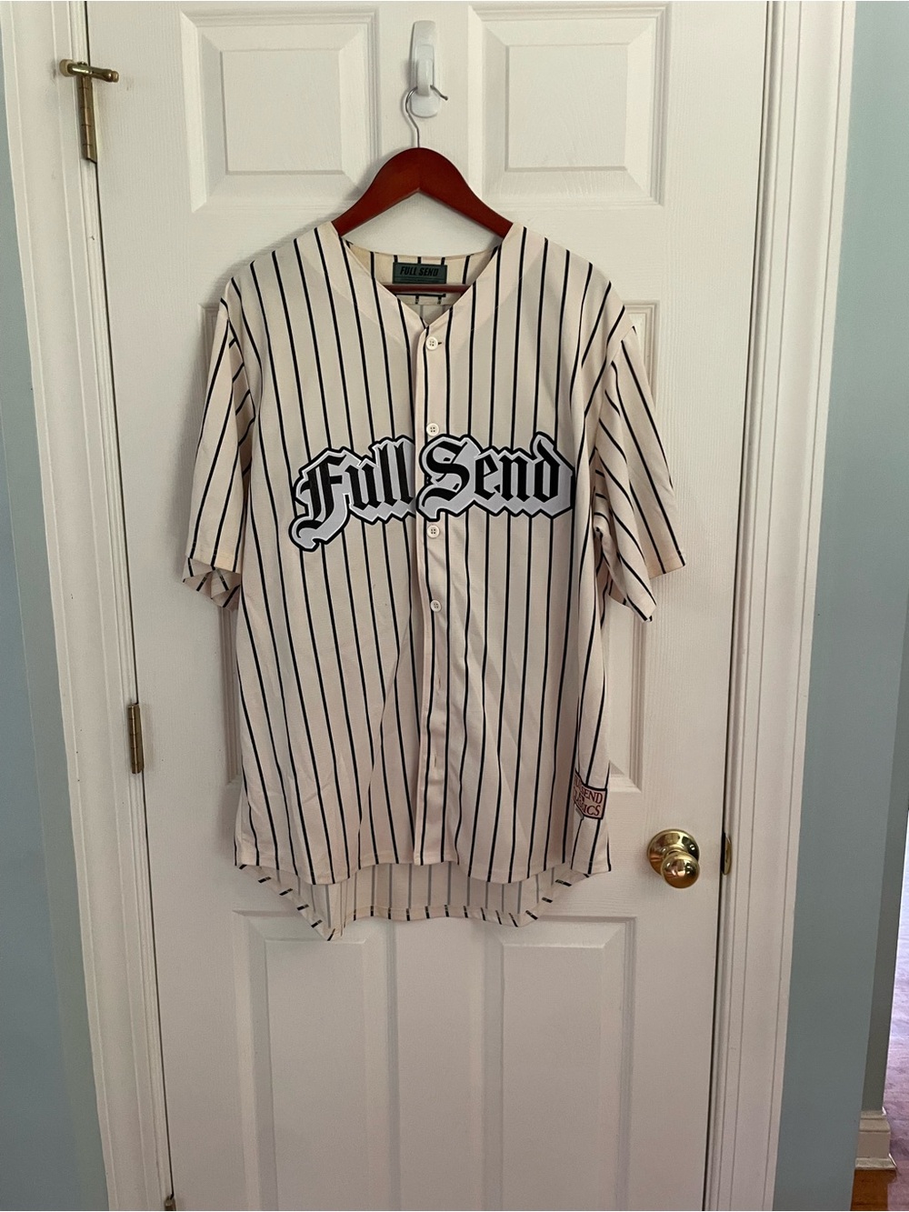 Full Send Men’s Pinstripe Baseball Jersey - Cream/Black